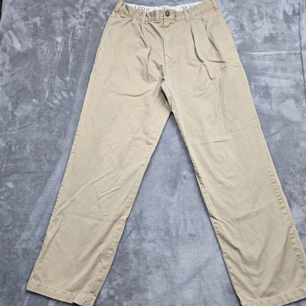 Izod Saltwater Chinos Mens 34x34 (Fits 32x32) Khaki Pleated Front Cotton Pants